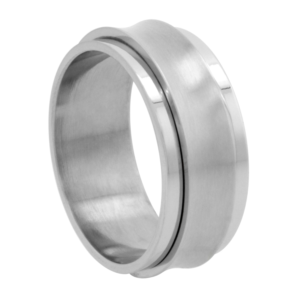 Sabrina Silver Surgical Stainless Steel Concaved Spinner Ring 9mm Wedding Band Matte Center, sizes 8 - 14