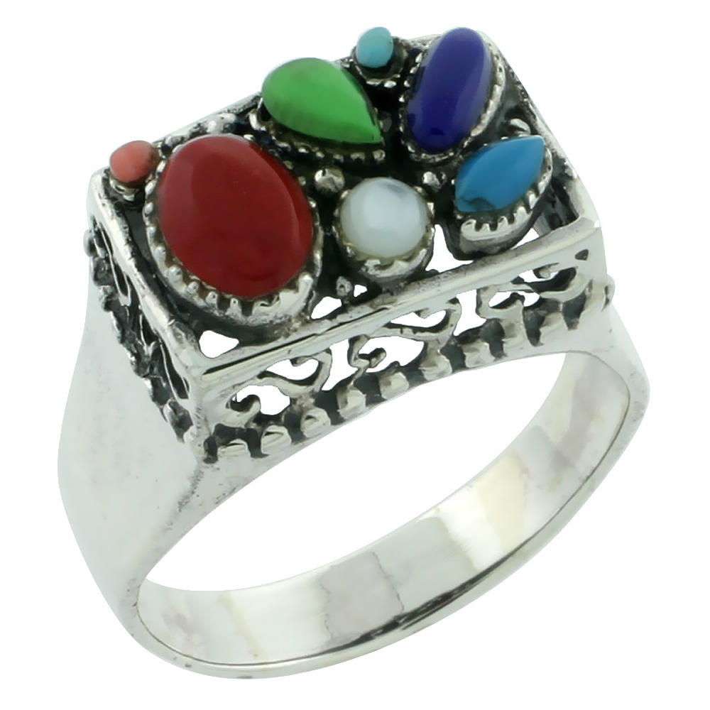 Sabrina Silver Sterling Silver Multi Color Square Ring Southwest Design Synthetic Stones 9/16 inch,