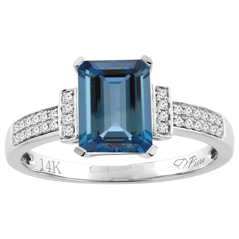 Sabrina Silver 14K Gold Natural London Blue Topaz Ring Octagon 8x6 mm Diamond Accents, sizes 5 - 10