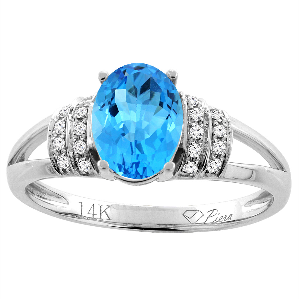 Sabrina Silver 14K Gold Natural Swiss Blue Topaz Ring Oval 8x6 mm Diamond Accents, sizes 5 - 10