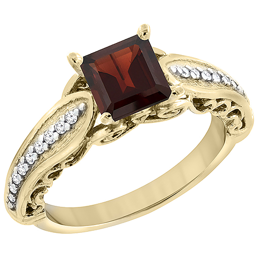 Sabrina Silver 10K Yellow Gold Enhanced Ruby Ring Square 8x8mm with Diamond Accents, sizes 5 - 10