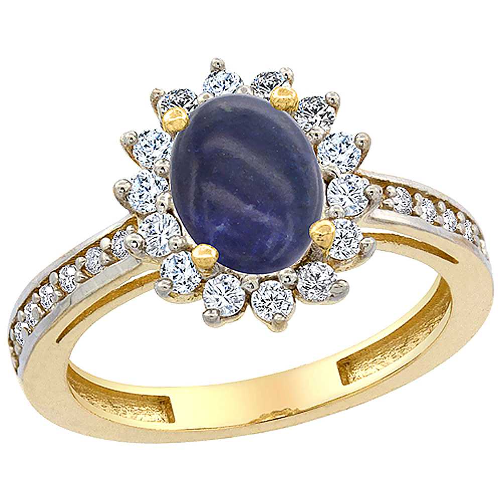 Sabrina Silver 14K Yellow Gold Natural Lapis Floral Halo Ring Oval 8x6mm Diamond Accents, sizes 5 - 10