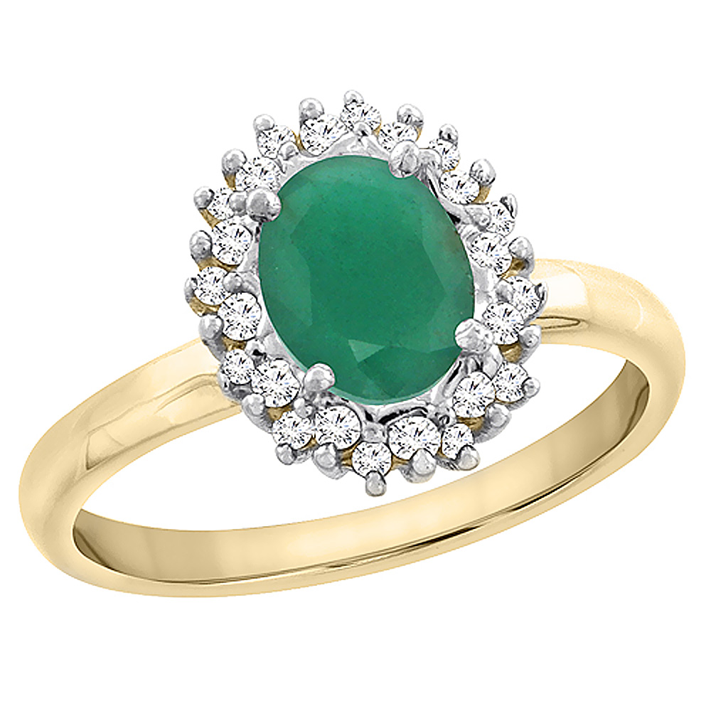 Sabrina Silver 14K Yellow Gold Diamond Natural Cabochon Emerald Engagement Ring Oval 7x5mm, sizes 5 - 10