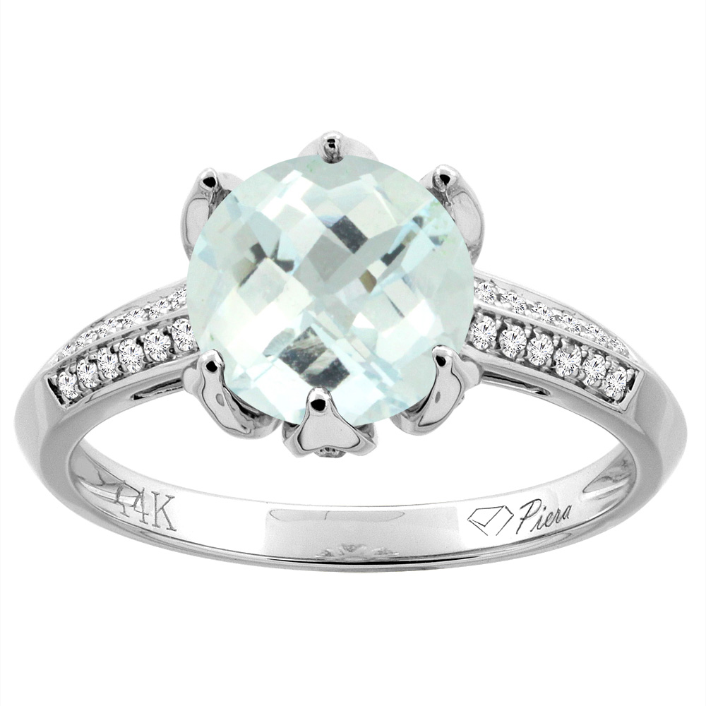 Sabrina Silver 14K Gold Natural Aquamarine Ring Round 8 mm Diamond Accents, sizes 5 - 10