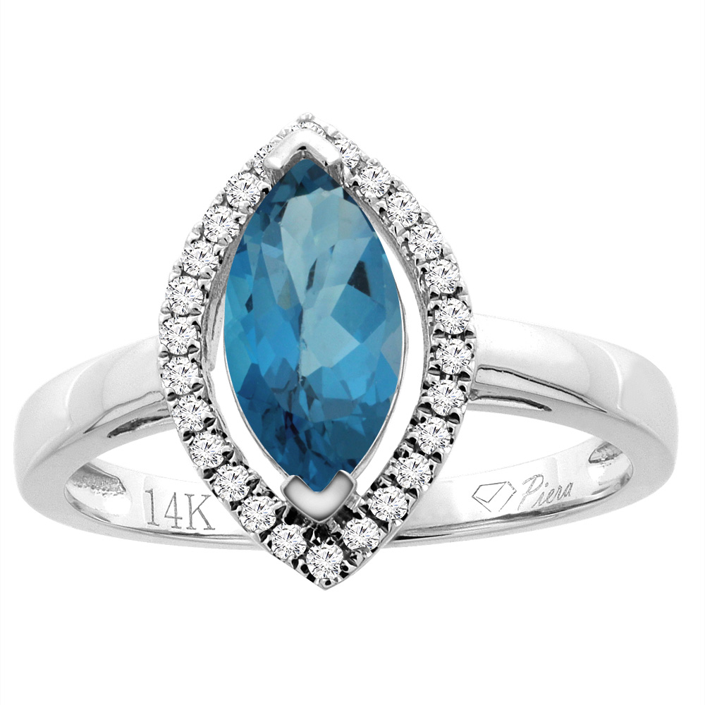 Sabrina Silver 14K Gold Natural London Blue Topaz Halo Ring Marquise 10x5 mm Diamond Accents, sizes 5 - 10