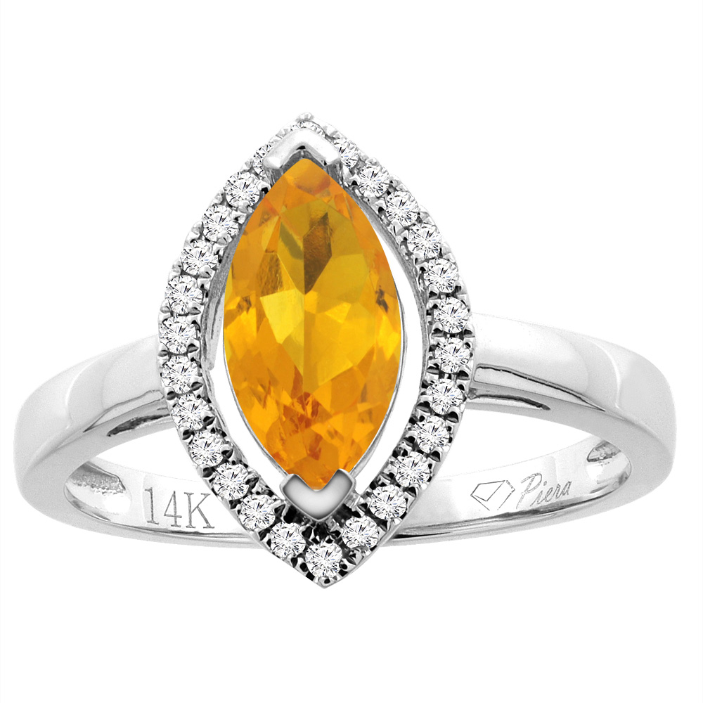Sabrina Silver 14K Gold Natural Citrine Halo Ring Marquise 10x5 mm Diamond Accents, sizes 5 - 10