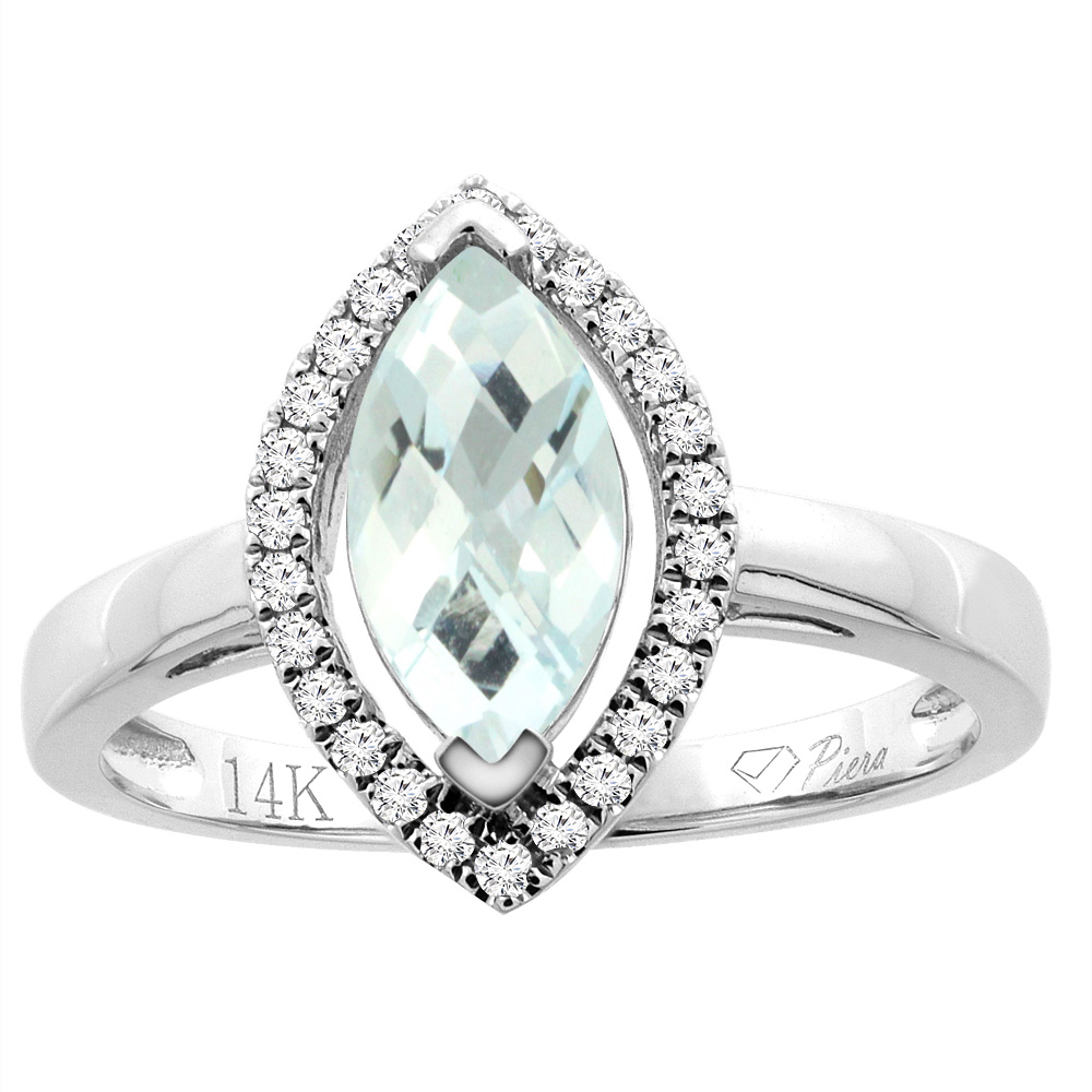 Sabrina Silver 14K Gold Natural Aquamarine Halo Ring Marquise 10x5 mm Diamond Accents, sizes 5 - 10