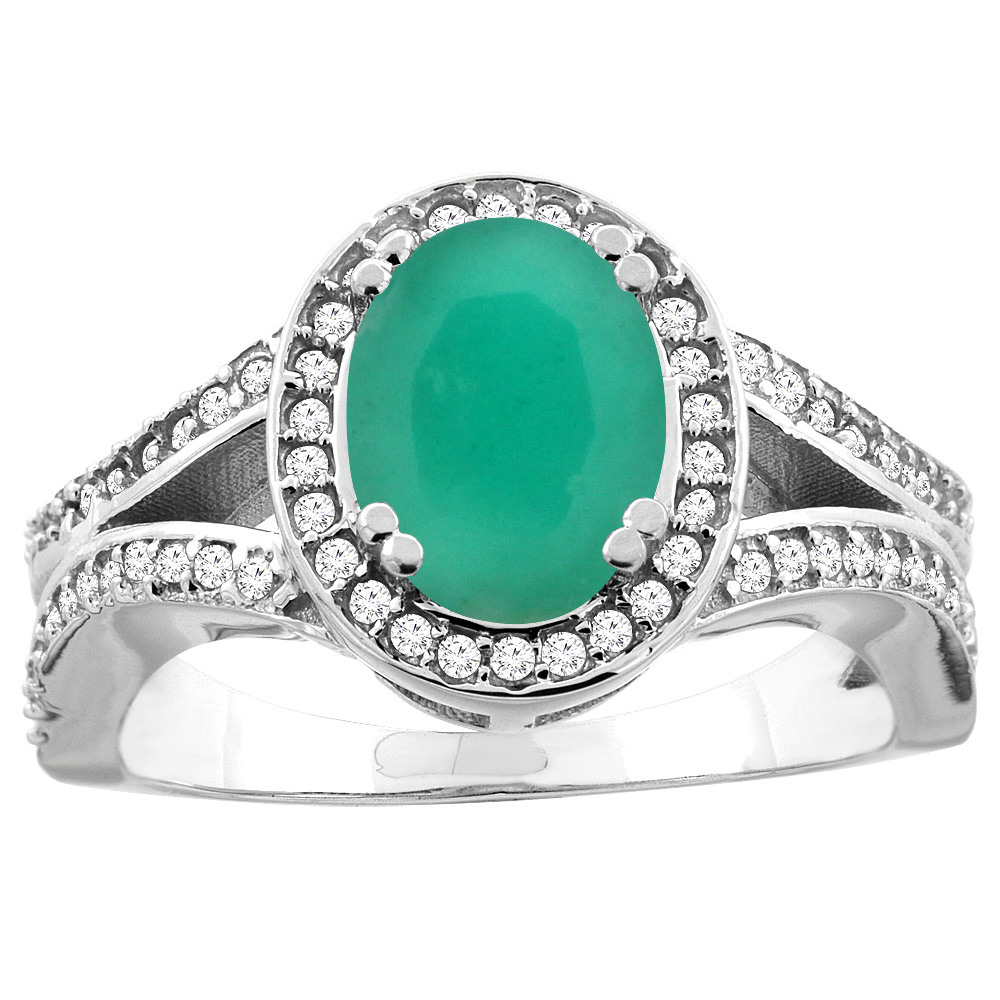 Sabrina Silver 14k Gold Diamond Halo Genuine Cabochon Emerald Ring Split Shank Oval 8x6mm, size 5-10