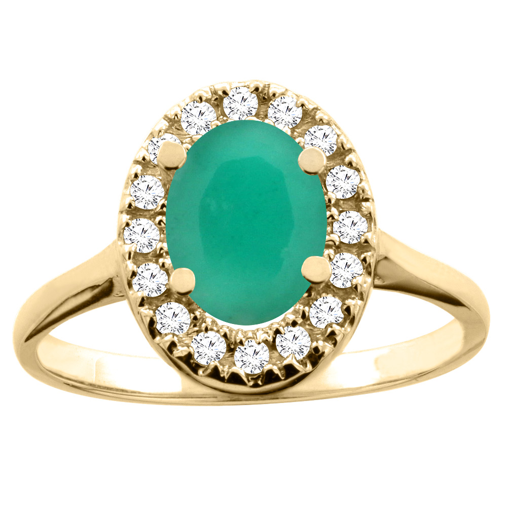 Sabrina Silver 14K White/Yellow Gold Natural Cabochon Emerald Ring Oval 8x6mm Diamond Accent, sizes 5 - 10