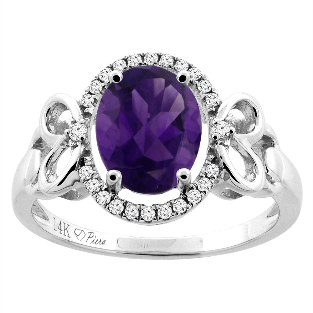 Sabrina Silver 14K Gold Natural Amethyst Halo Ring Oval 9x7 mm Diamond & Heart Accents, sizes 5 - 10