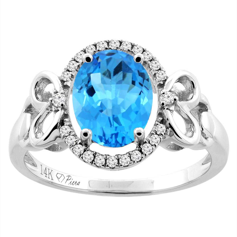 Sabrina Silver 14K Gold Natural Swiss Blue Topaz Halo Ring Oval 9x7 mm Diamond & Heart Accents, sizes 5 - 10
