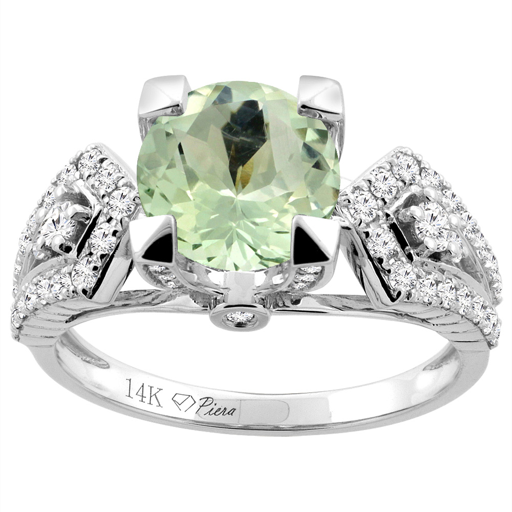 Sabrina Silver 14K Gold Natural Green Amethyst Ring Round 7 mm Diamond Accents, sizes 5 - 10