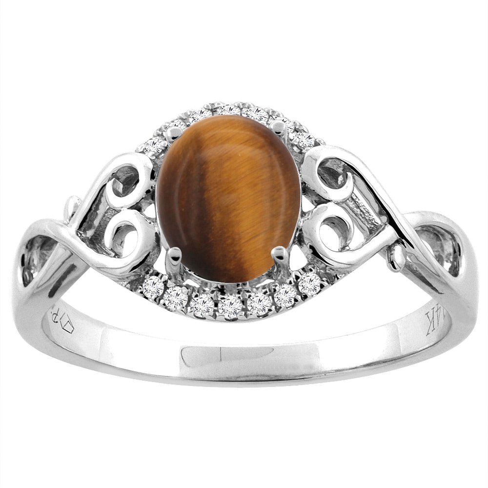 Sabrina Silver 14K Gold Natural Tiger Eye Ring Oval 8x6 mm Diamond & Heart Accents, sizes 5 - 10