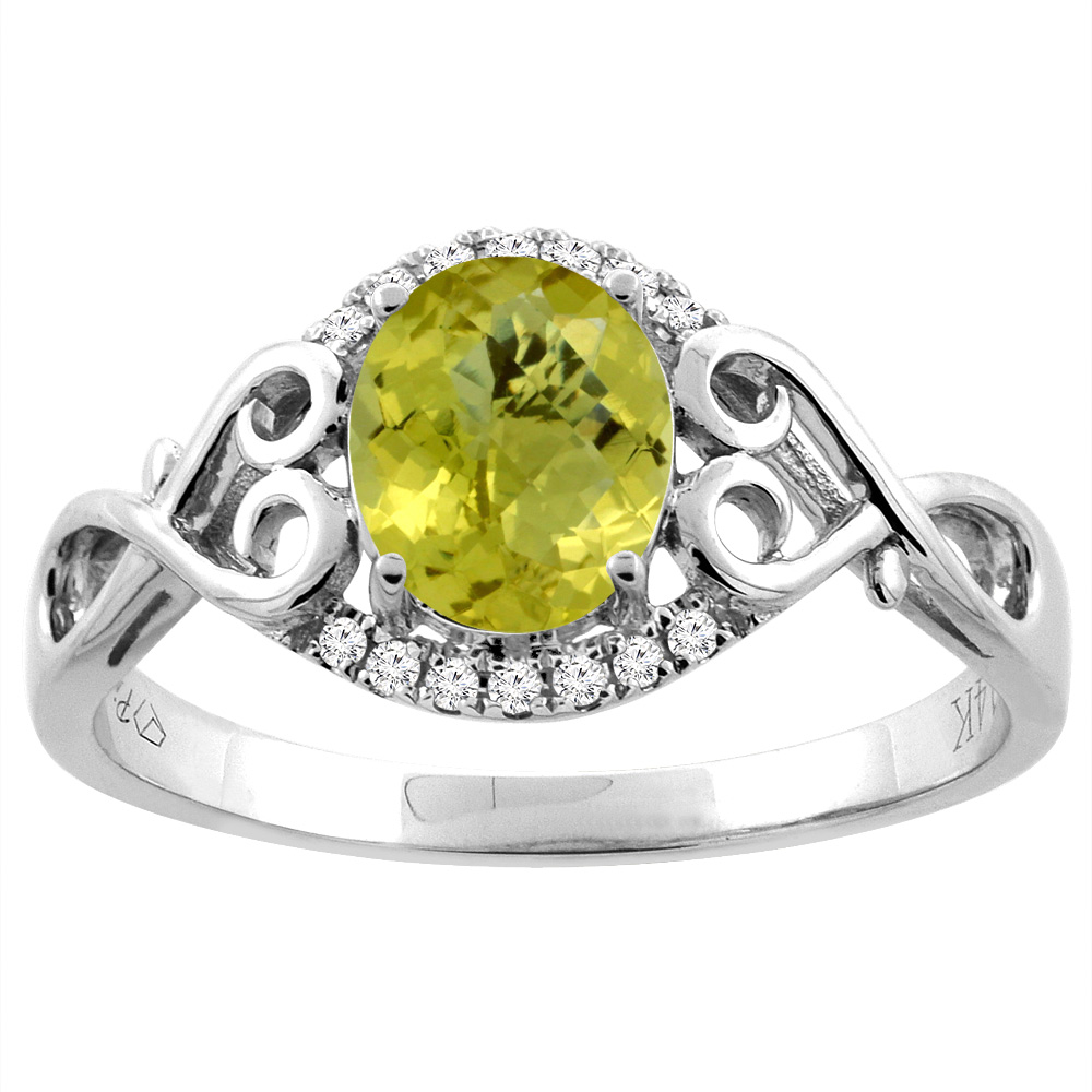 Sabrina Silver 14K Gold Natural Lemon Quartz Ring Oval 8x6 mm Diamond & Heart Accents, sizes 5 - 10