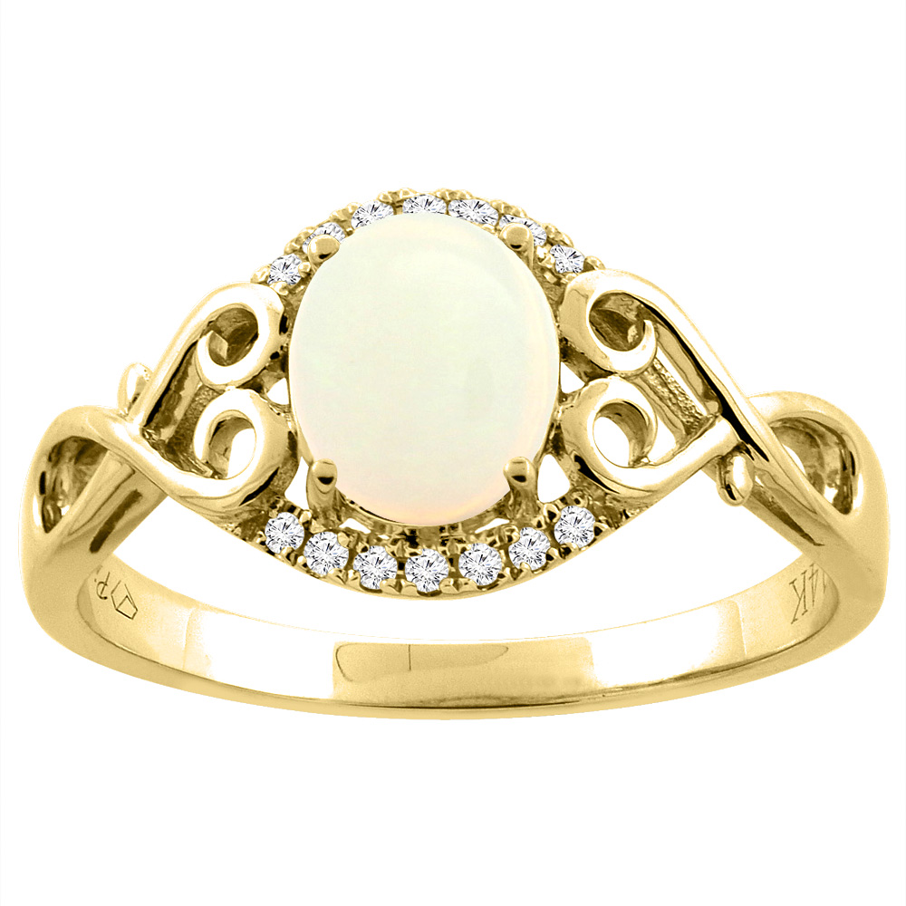 Sabrina Silver 14K Gold Natural Opal Ring Oval 8x6 mm Diamond & Heart Accents, sizes 5 - 10