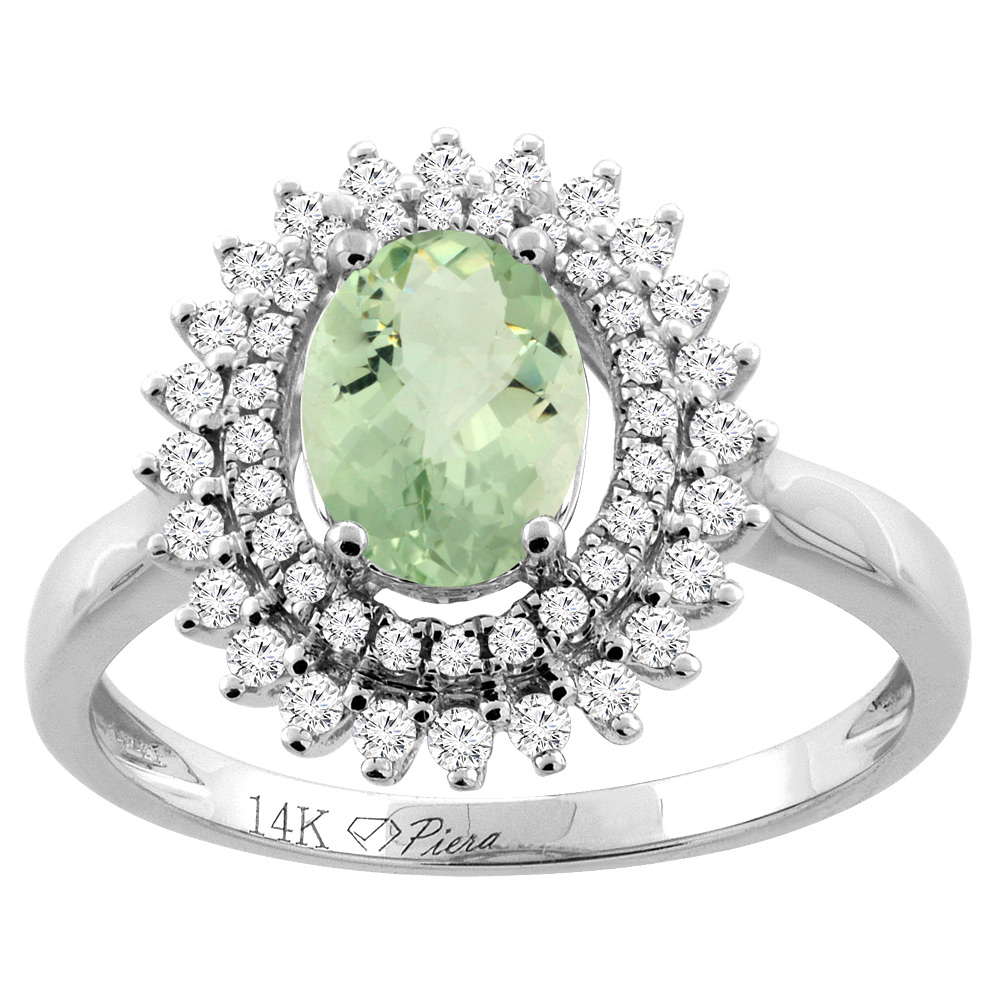 Sabrina Silver 14K Gold Natural Green Amethyst Ring Oval 8x6 mm Double Halo Diamond Accents, sizes 5 - 10