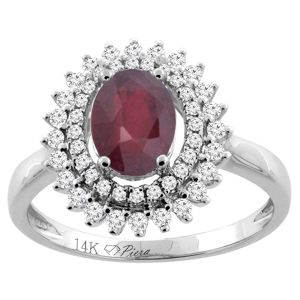 Sabrina Silver 14K Gold Diamond Double Halo Natural Quality Ruby Engagement Ring Oval 8x6 mm, size 5 - 10