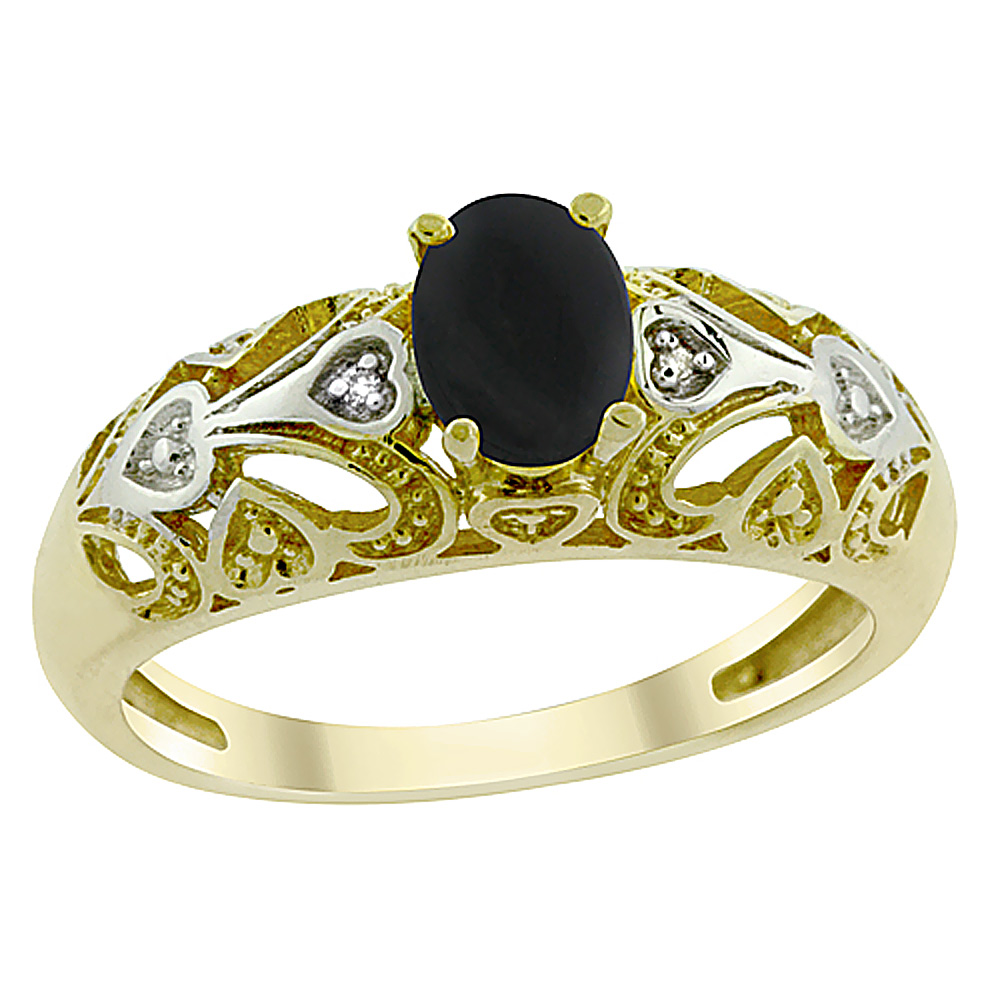 Sabrina Silver 14K Yellow Gold Natural Black Onyx Ring Oval 6x4 mm Diamond Accent, sizes 5 - 10