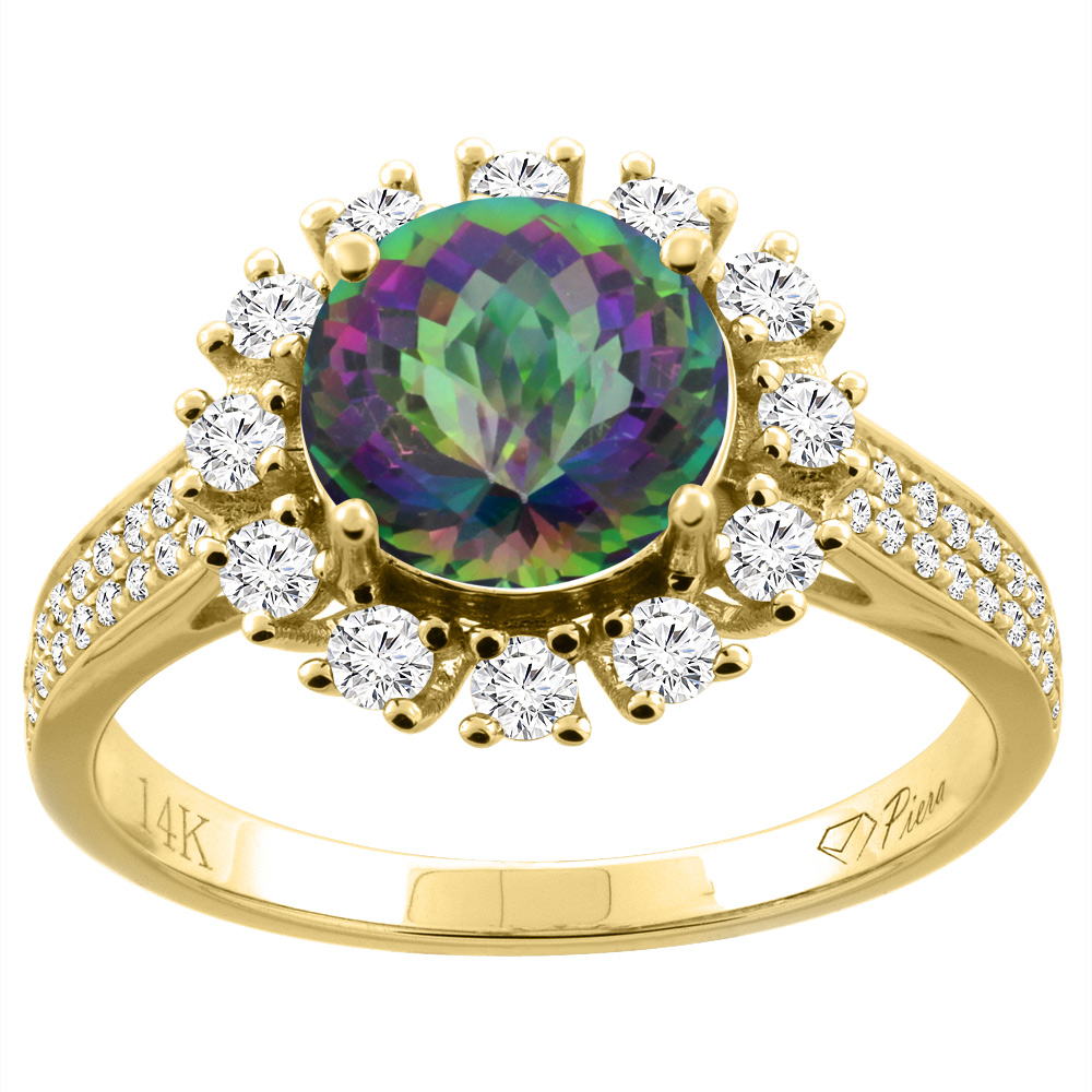 Sabrina Silver 14K Gold Natural Mystic Topaz Ring Round 8 mm Diamond Accents, sizes 5 - 10