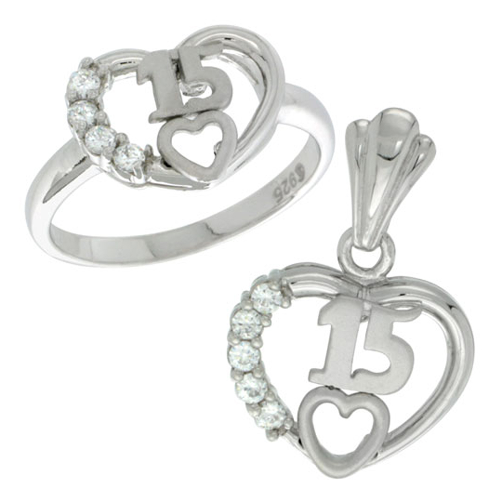 Sabrina Silver Sterling Silver Quinceanera 15 Anos Heart Ring & Pendant Set CZ Stones Rhodium Finished