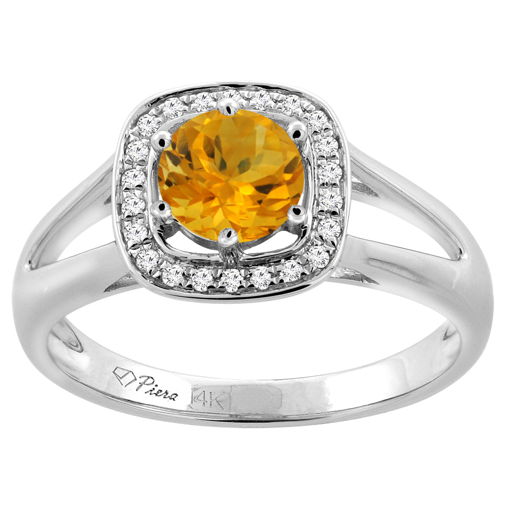 Sabrina Silver 14K White Gold Natural Citrine Engagement Halo Ring Round 6 mm & Diamond Accents, sizes 5 - 10