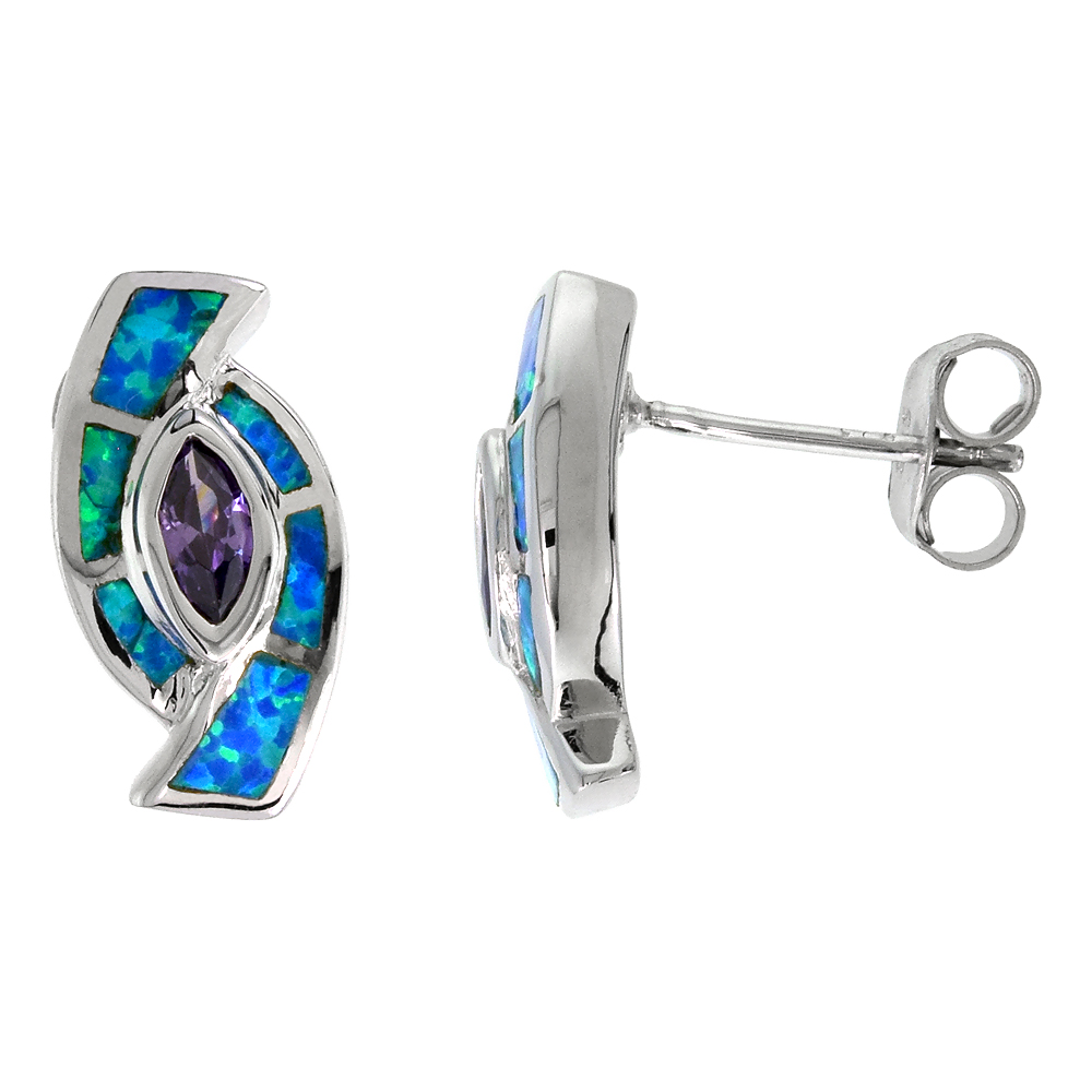 Sabrina Silver Sterling Silver Synthetic Blue Opal Earrings with Marquis Shape Amethyst CZ Center 9/16 inch