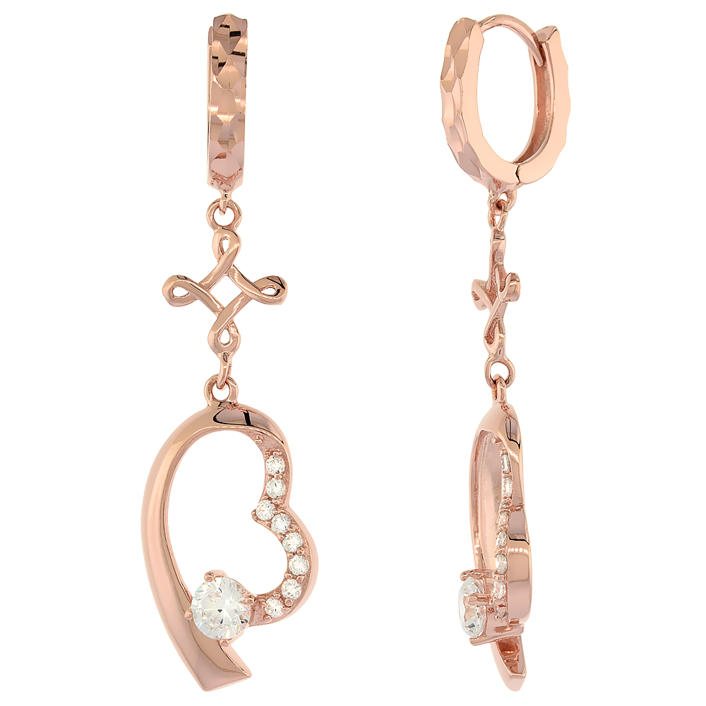 Sabrina Silver Sterling Silver Cubic Zirconia Floating Heart Dangle Earrings Rose Gold Finish, 1 3/8 inches long