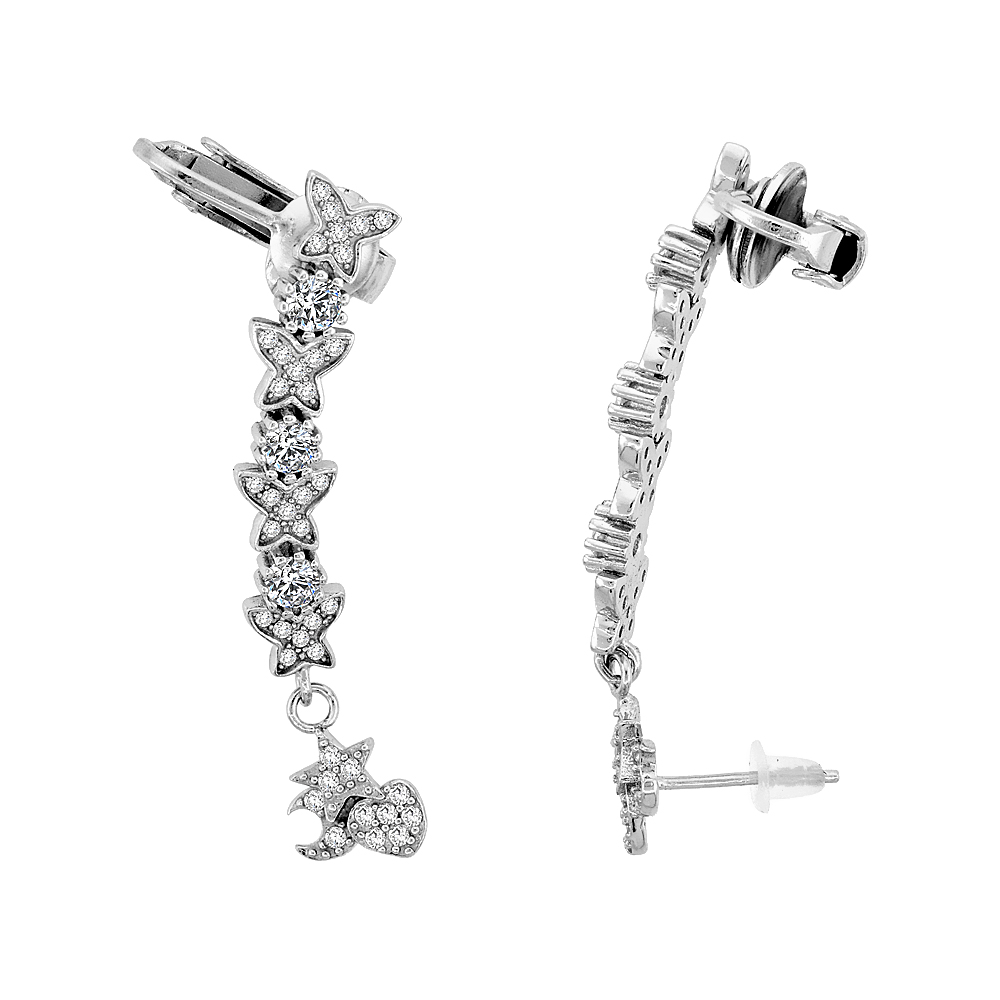Sabrina Silver Sterling Silver Cubic Zirconia Star Stud & Ear Jacket Clip On Earrings, 1 3/16 inches long