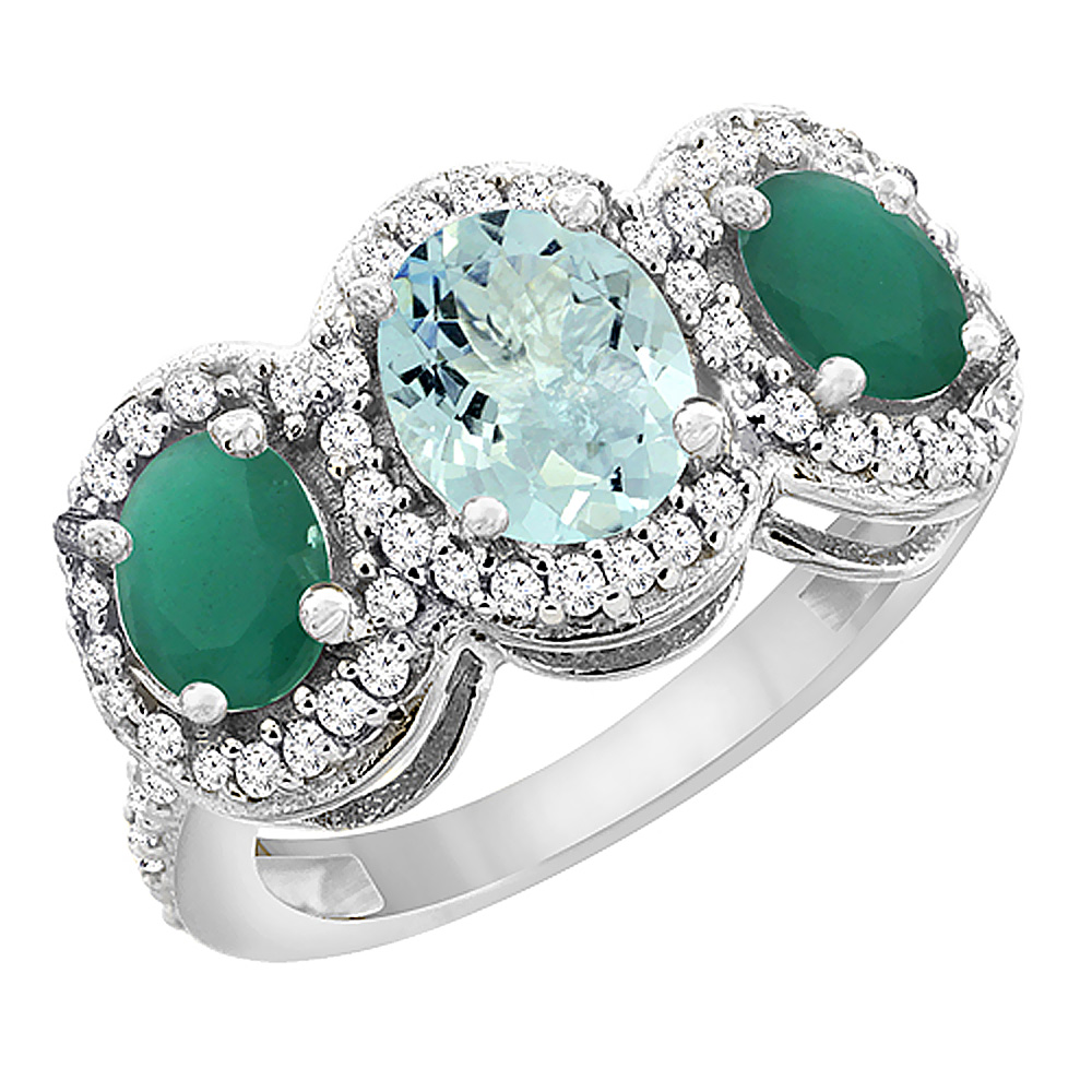 Sabrina Silver 10K White Gold Natural Aquamarine & Cabochon Emerald 3-Stone Ring Oval Diamond Accent, sizes 5 - 10
