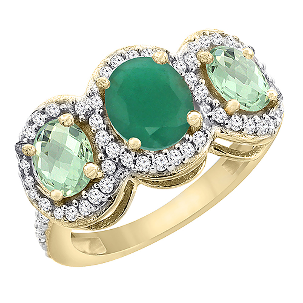 Sabrina Silver 10K Yellow Gold Natural Cabochon Emerald & Green Amethyst 3-Stone Ring Oval Diamond Accent, sizes 5 - 10