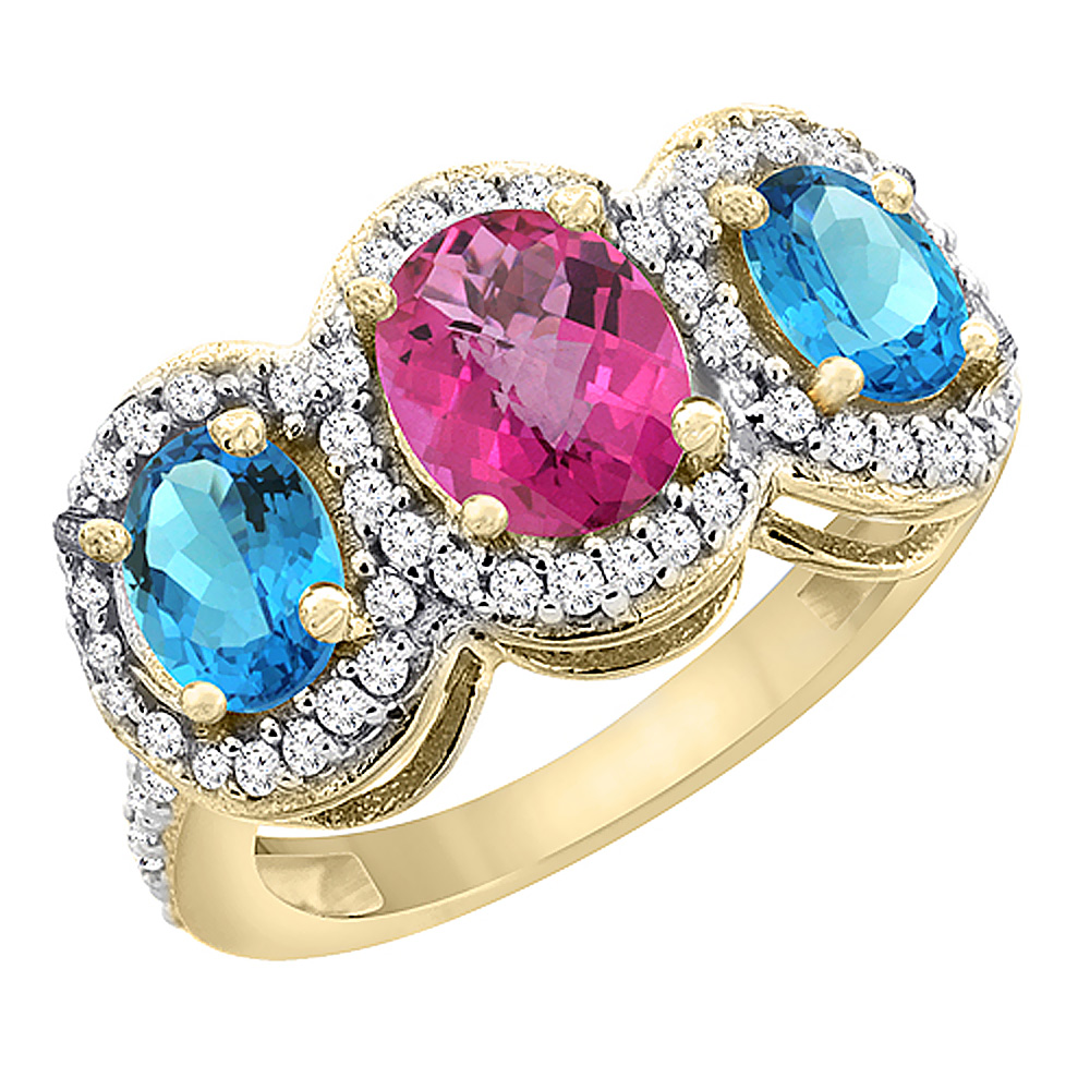 Sabrina Silver 14K Yellow Gold Natural Pink Sapphire & Swiss Blue Topaz 3-Stone Ring Oval Diamond Accent, sizes 5 - 10