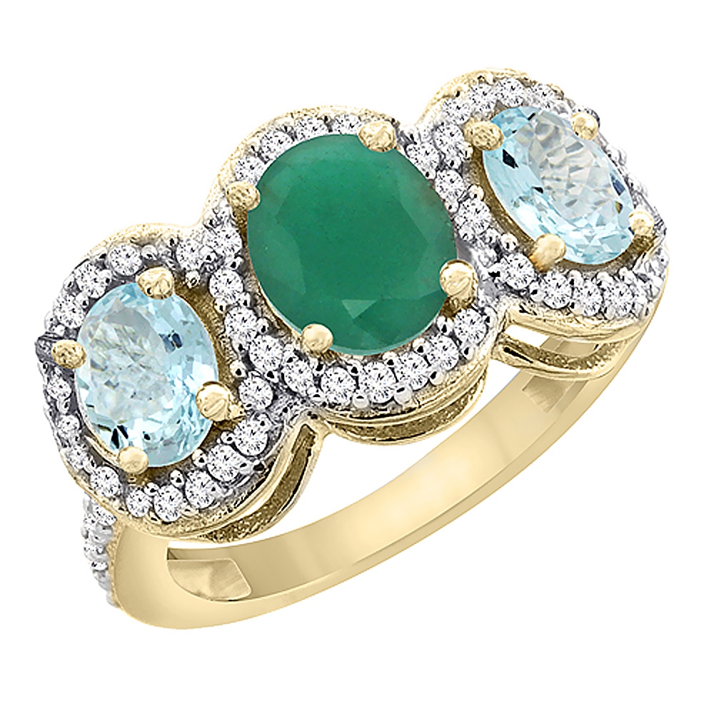 Sabrina Silver 14K Yellow Gold Natural Cabochon Emerald & Aquamarine 3-Stone Ring Oval Diamond Accent, sizes 5 - 10