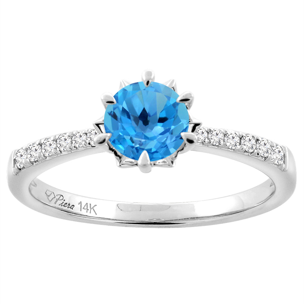 Sabrina Silver 14K White Gold Natural Swiss Blue Topaz Engagement Ring Round 6 mm & Diamond Accents, sizes 5 - 10