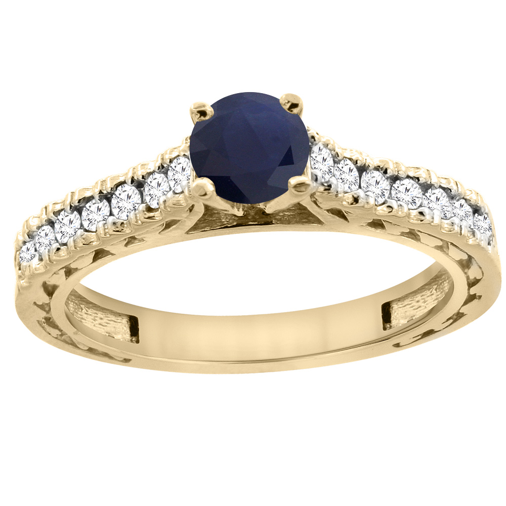 Sabrina Silver 14K Yellow Gold Natural Blue Sapphire Round 5mm Engraved Engagement Ring Diamond Accents, sizes 5 - 10