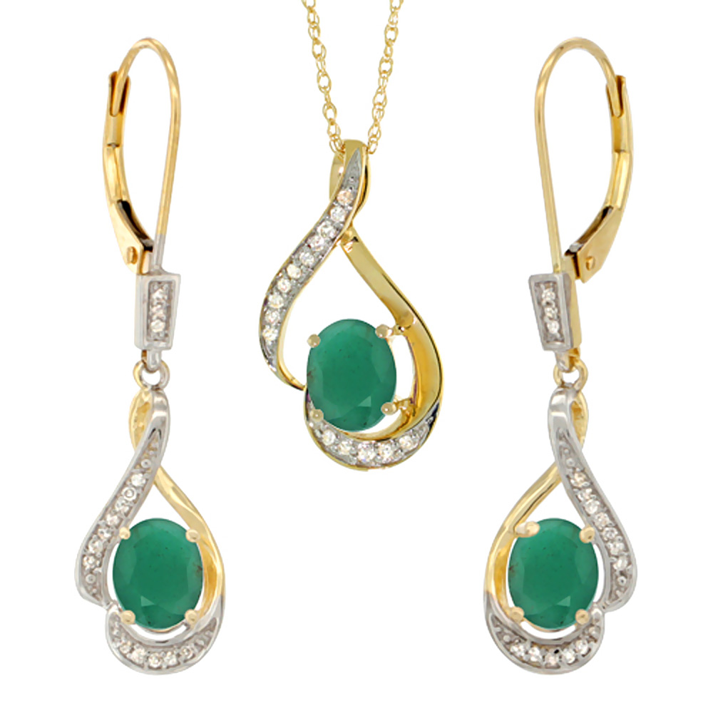 Sabrina Silver 14K Yellow Gold Diamond Natural Quality Emerald Lever Back Earrings Necklace Set Oval 7x5mm, 18 inch long
