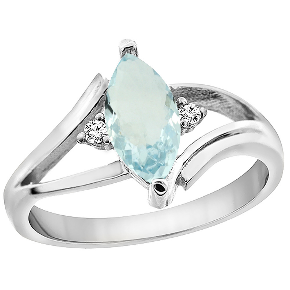 Sabrina Silver 14K White Gold Natural Aquamarine Ring Marquise 10x5mm Diamond Accent, sizes 5 - 10 with half sizes
