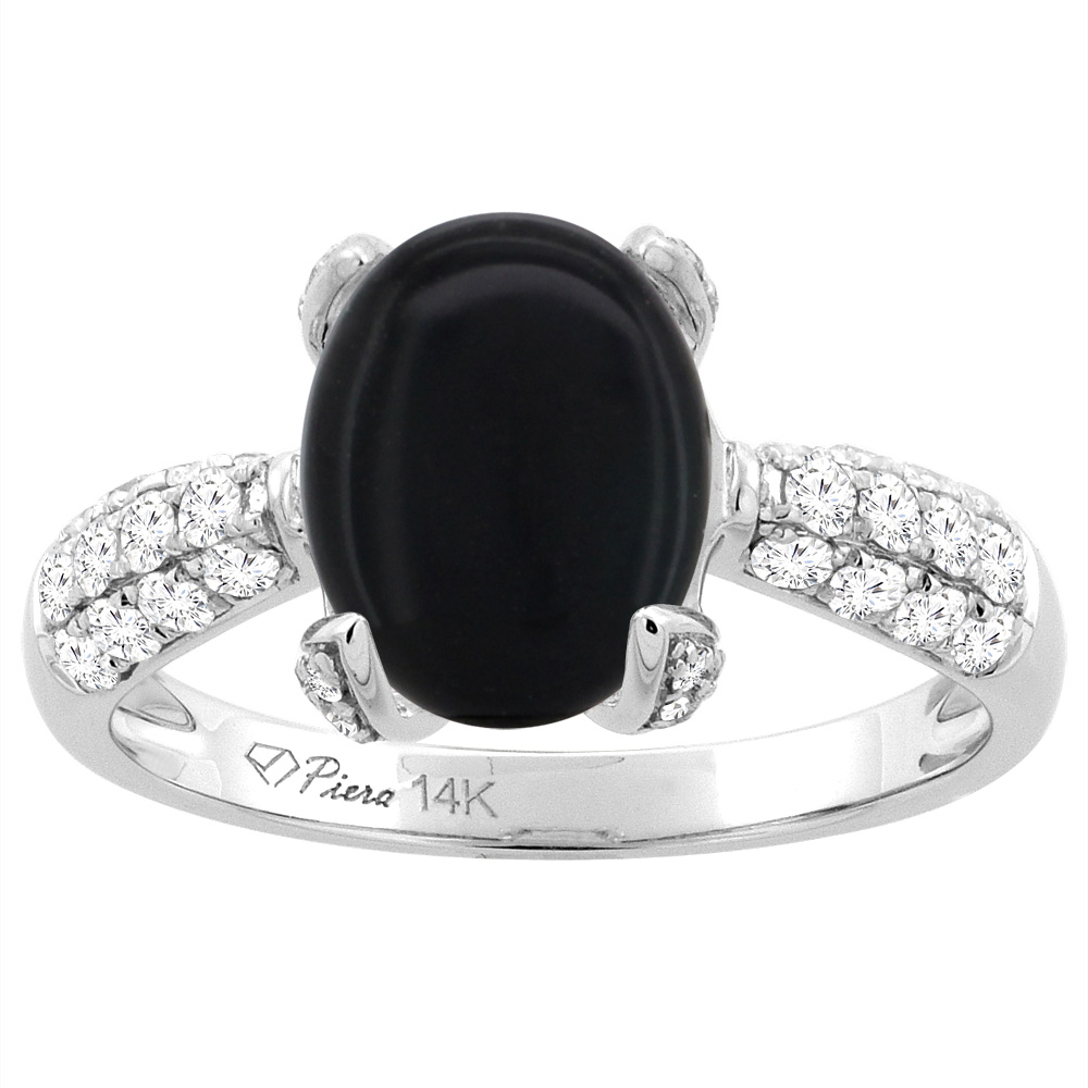 Sabrina Silver 14K White Gold Natural Black Onyx Engagement Ring Oval 10x8 mm & Diamond Accents, sizes 5 - 10
