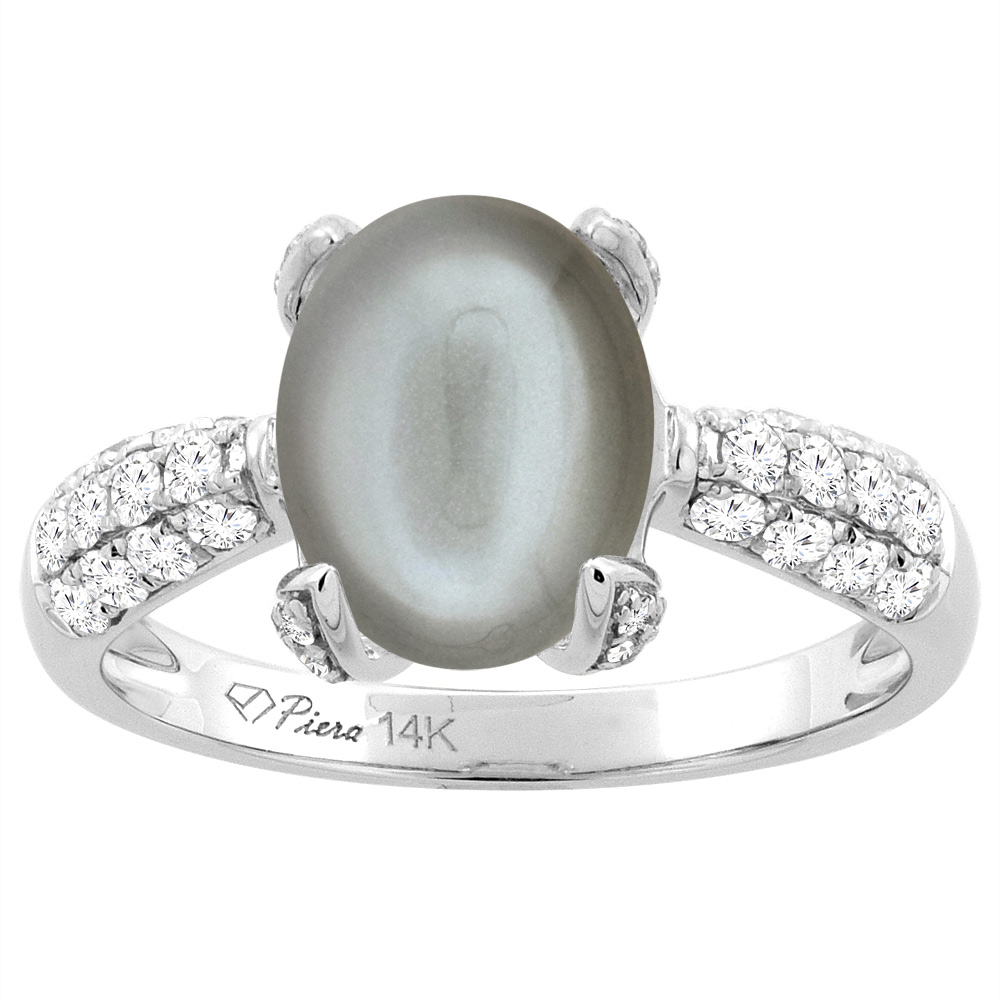 Sabrina Silver 14K White Gold Natural Gray Moonstone Engagement Ring Oval 10x8 mm & Diamond Accents, sizes 5 - 10
