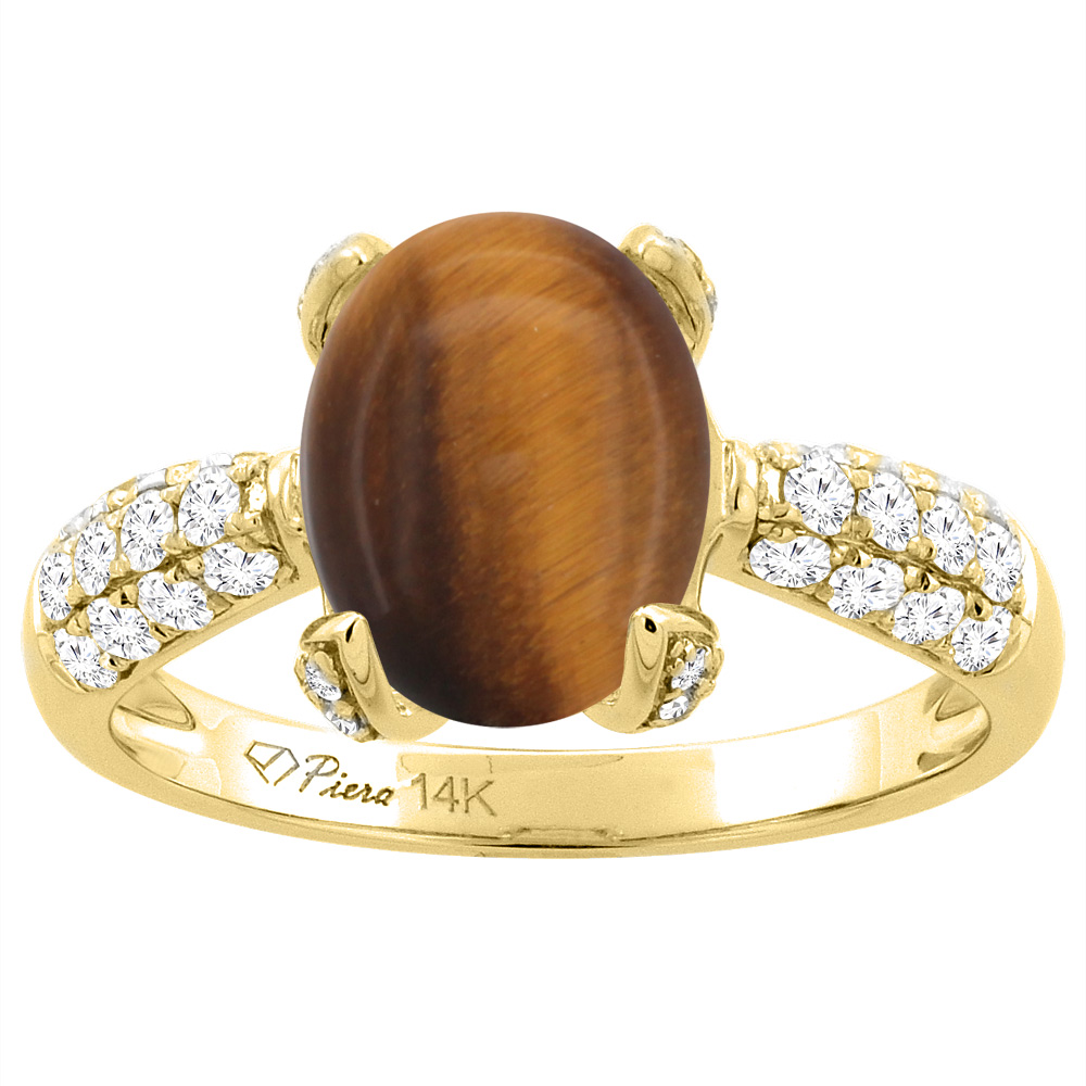 Sabrina Silver 14K Yellow Gold Natural Tiger Eye Engagement Ring Oval 10x8 mm & Diamond Accents, sizes 5 - 10