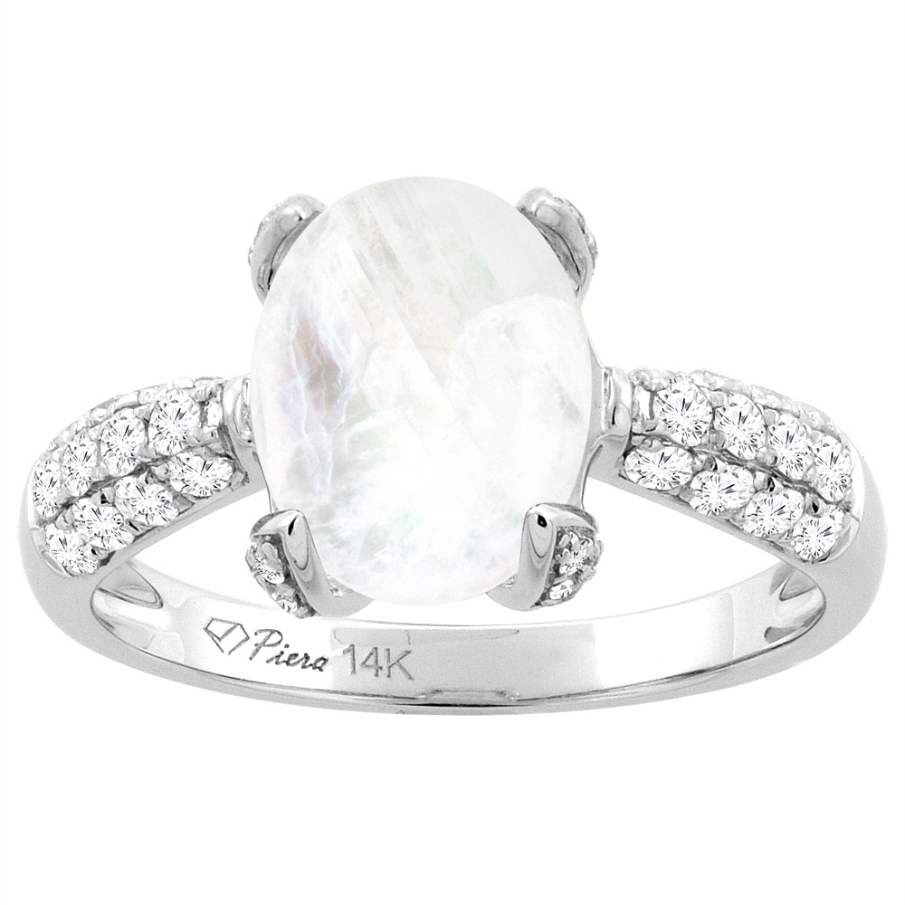 Sabrina Silver 14K White Gold Natural Rainbow Moonstone Engagement Ring Oval 18x13 mm & Diamond Accents, sizes 5 - 10