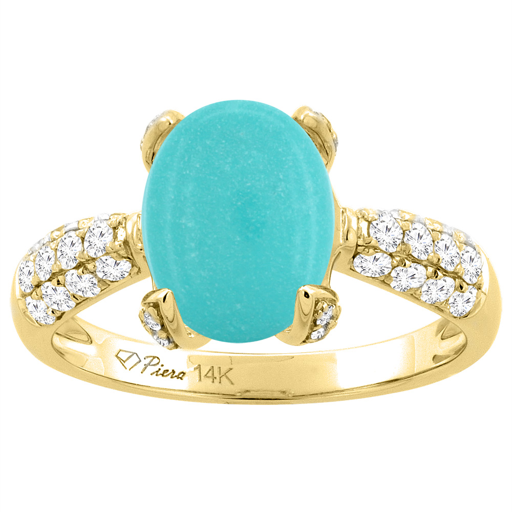 Sabrina Silver 14K Yellow Gold Natural Turquoise Engagement Ring Oval 18x13 mm & Diamond Accents, sizes 5 - 10