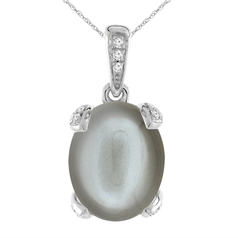 Sabrina Silver 14K White Gold Natural Gray Moonstone Necklace Oval 11x9 mm with Diamond Accents