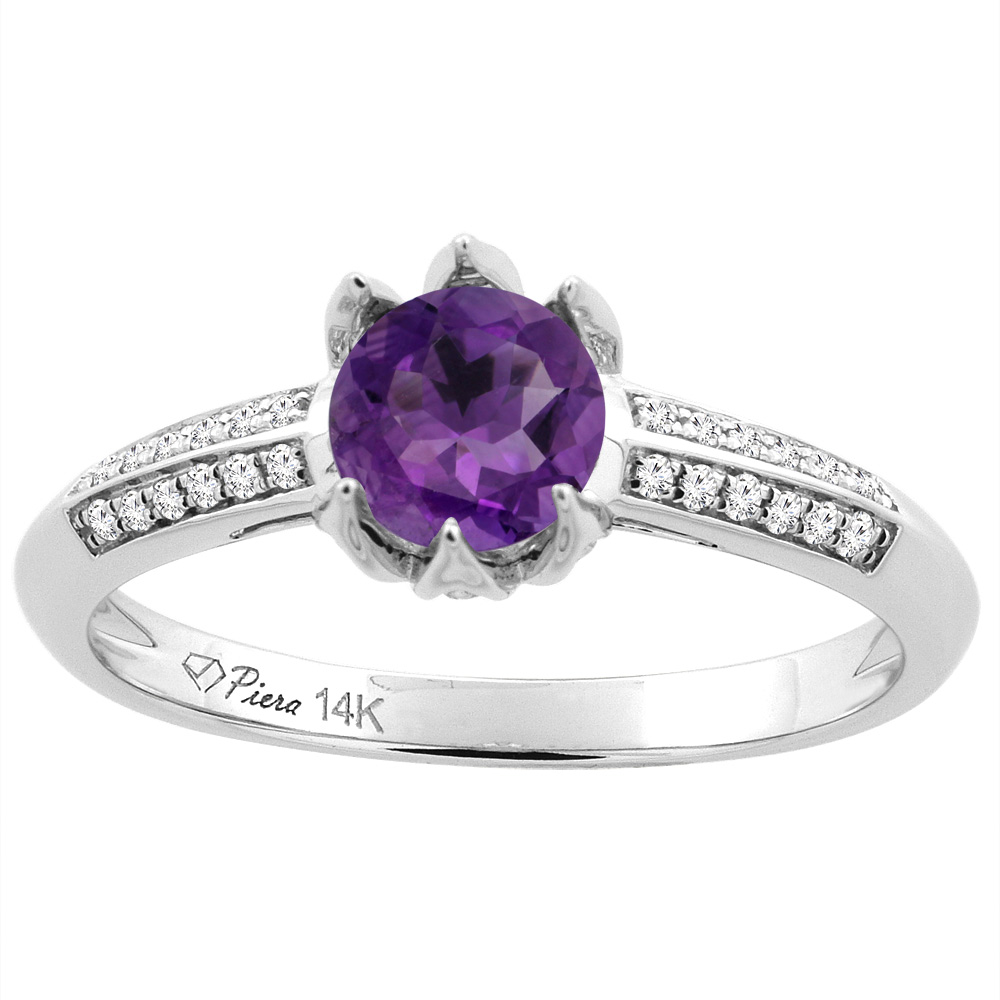 Sabrina Silver 14K White Gold Natural Amethyst Engagement Ring Round 6 mm & Diamond Accents, sizes 5 - 10