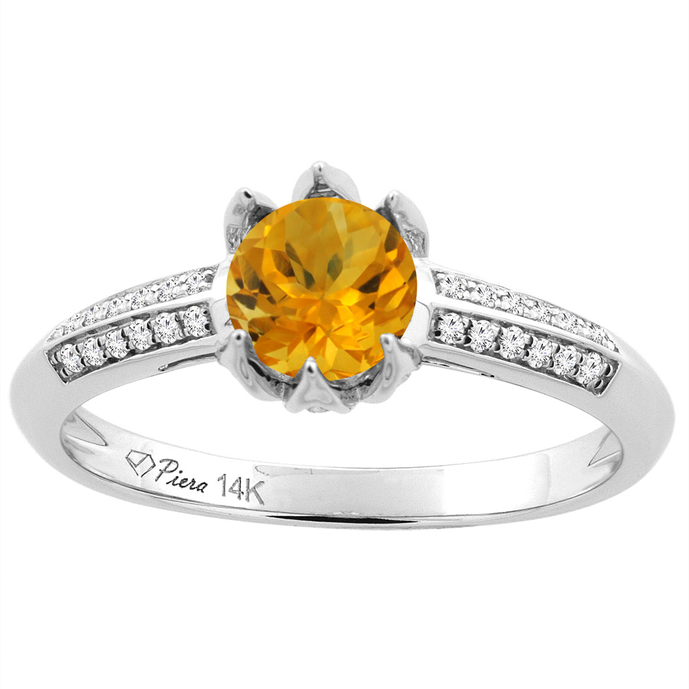Sabrina Silver 14K White Gold Natural Citrine Engagement Ring Round 6 mm & Diamond Accents, sizes 5 - 10