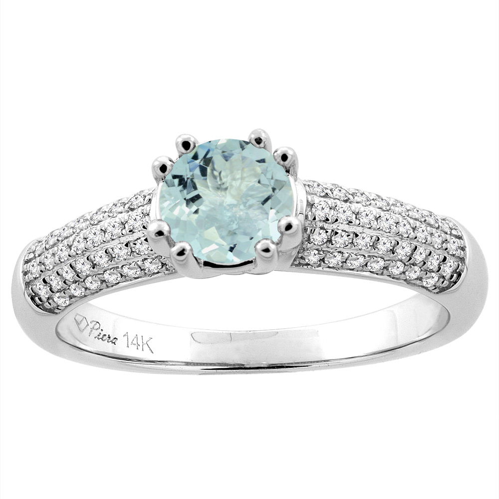 Sabrina Silver 14K White Gold Natural Aquamarine Engagement Ring Round 6 mm & Diamond Accents, sizes 5 - 10