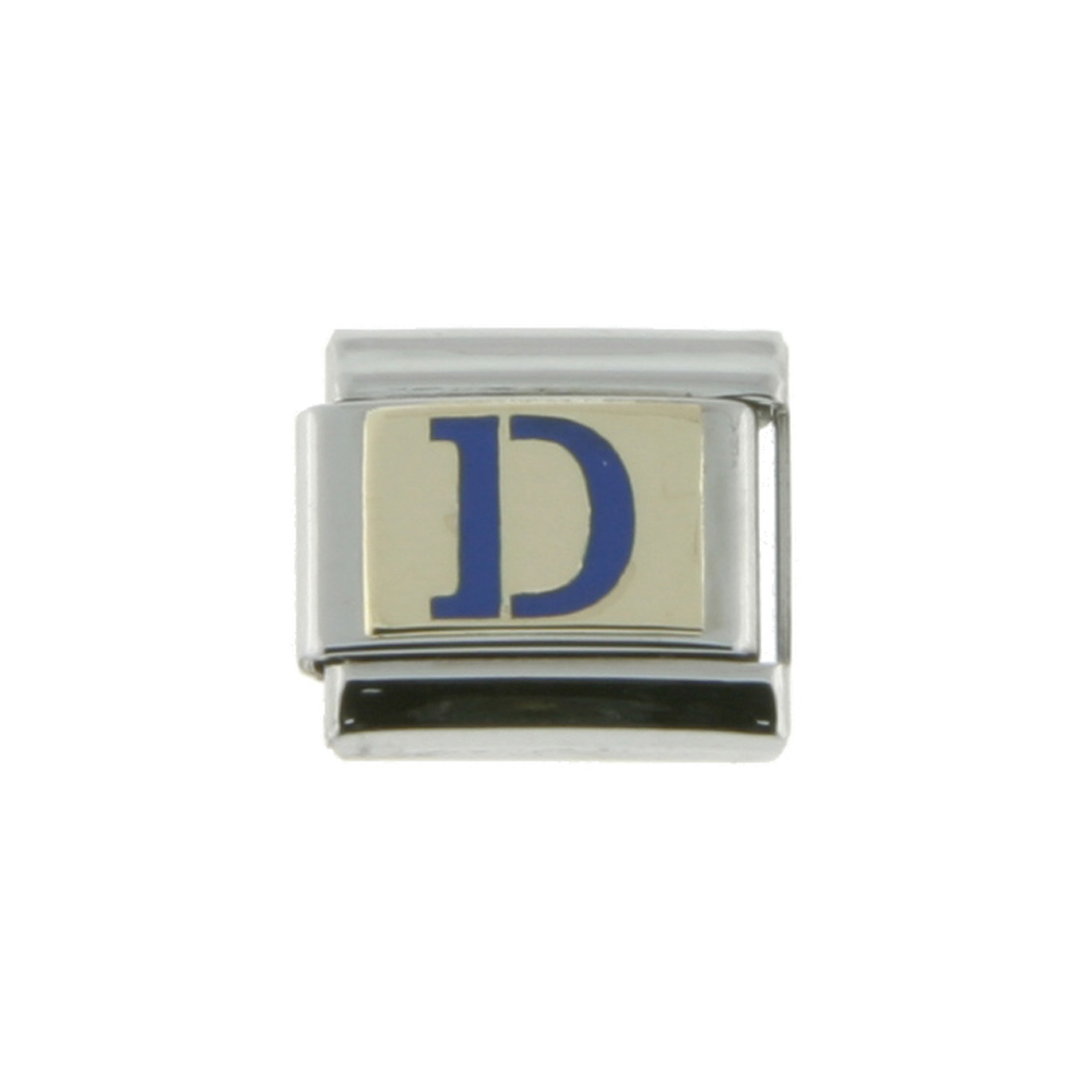 Sabrina Silver Stainless Steel 18k Gold Italian Charm Initial Letter D for Italian Charm Bracelets Blue Enamel