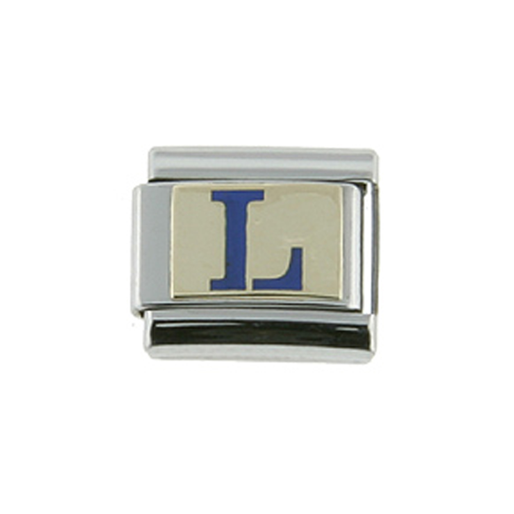 Sabrina Silver Stainless Steel 18k Gold Italian Charm Initial Letter L for Italian Charm Bracelets Blue Enamel