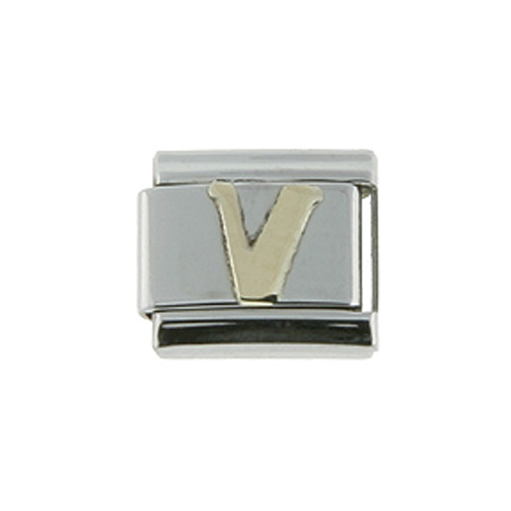 Sabrina Silver Stainless Steel 18k Gold Italian Charm Initial Letter V for Italian Charm Bracelets