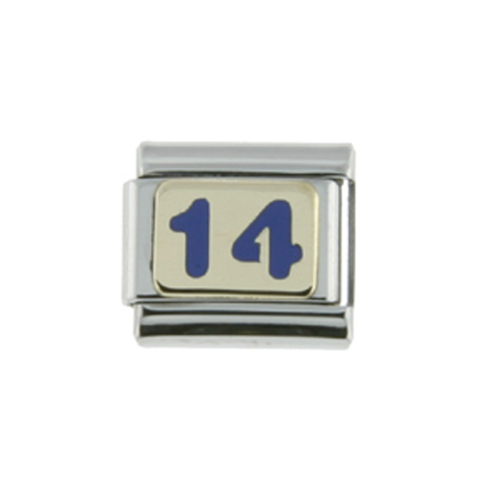 Sabrina Silver Stainless Steel 18k Gold Number 14 Charm for Italian Charm Bracelets Blue Enamel