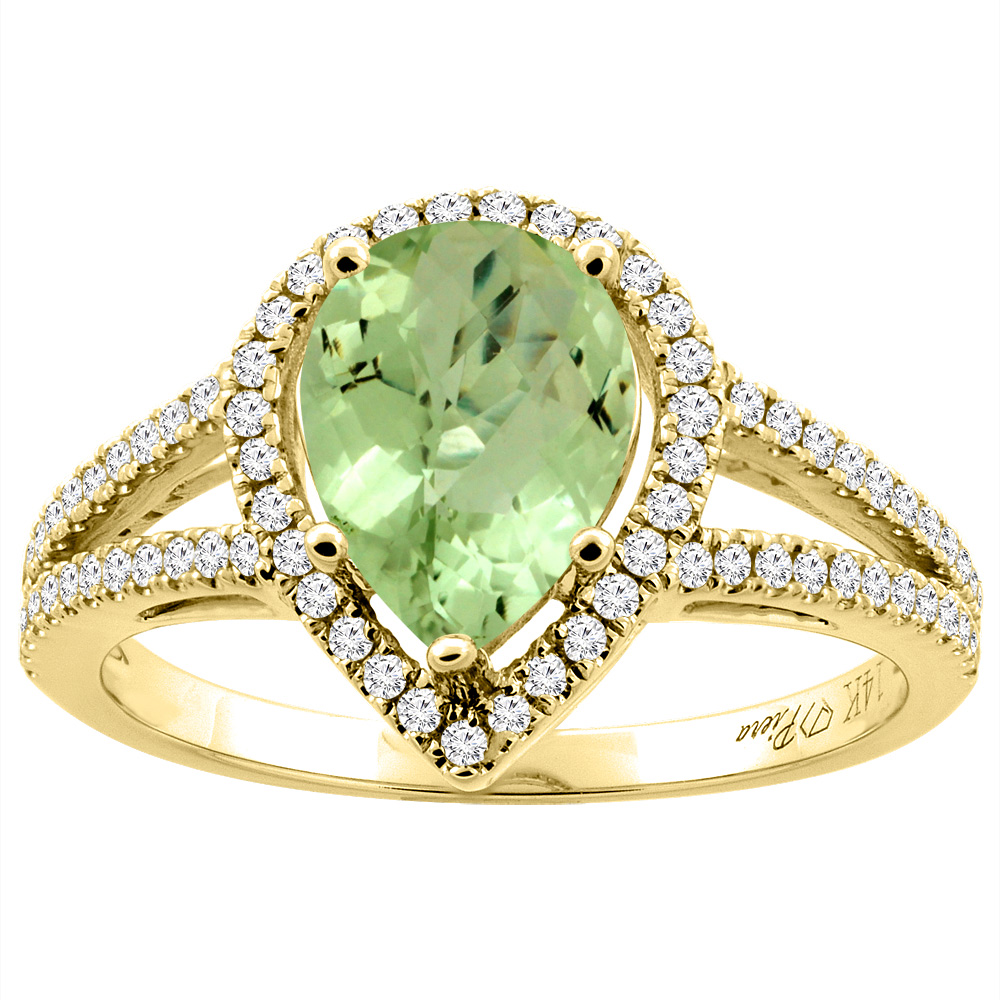 Sabrina Silver 14K Gold Natural Peridot Ring Pear Shape 9x7 mm Diamond Accents, sizes 5 - 10